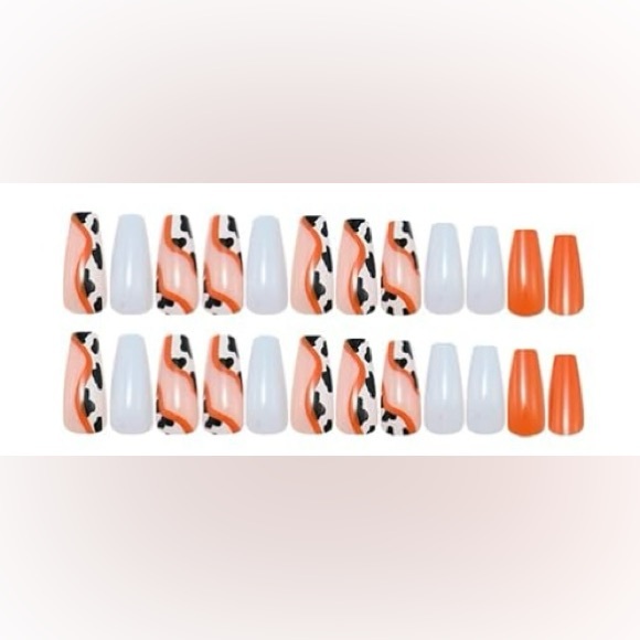 3/$15 Coffin Fake Nails Orange, Gray, and Cow Print Long Coffin - Picture 3 of 4